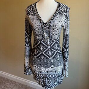Guilty shirt top geometric design flared bell sleeves bedazzled with glass beads
